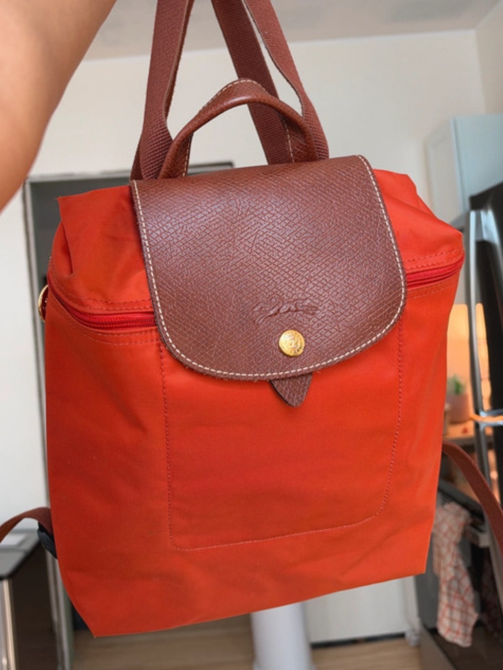 Longchamp Orange Canvas Backpack with Brown Flap - Picture 2 of 9